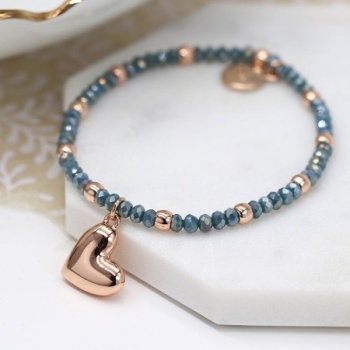 Rose Gold and Blue Bead Heart Bracelet